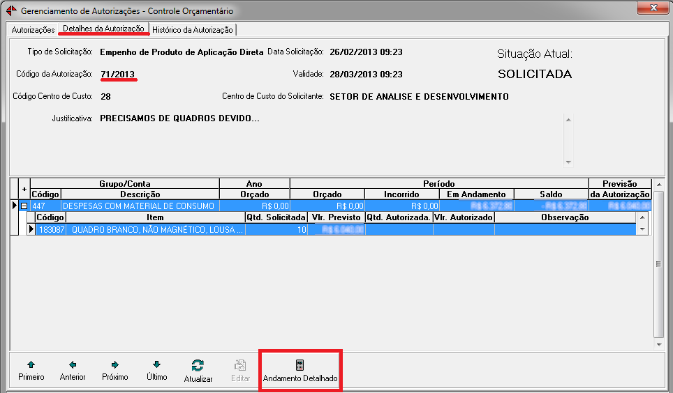 Tela de detalhes da autorização(botão andamento detalhado)